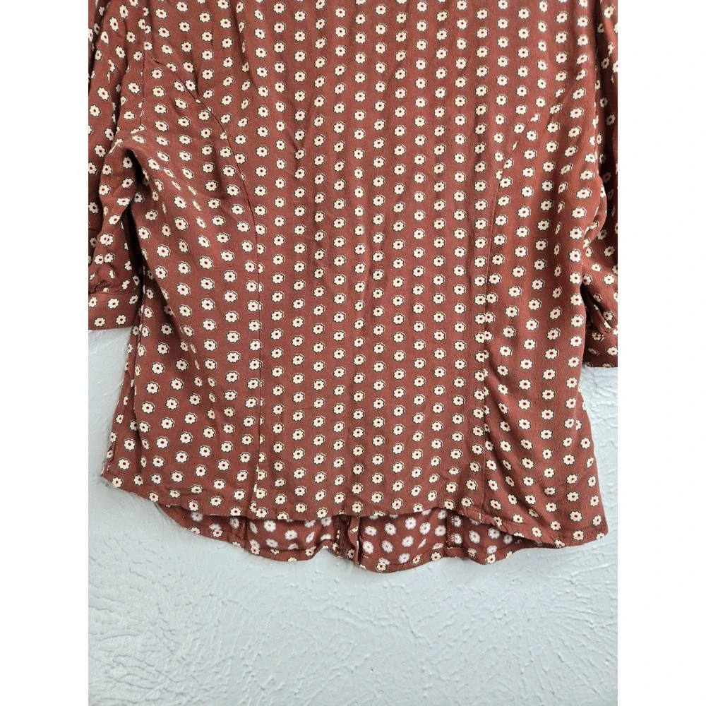 Free People Floral Button Front Blouse Small Brown Short Sleeve Boho Cottage Top